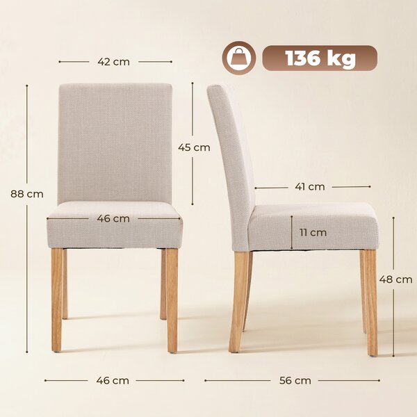 HOMCOM Set 2 Sedia Moderne da Pranzo con Seduta e Schienale Imbottiti, Gambe in Legno di Gomma, 56x46x88 cm, Crema | Aosom Italy
