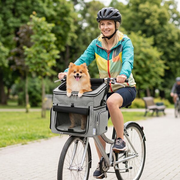 PawHut Cestino Bici per Cani Anteriore Portatile con Cintura di Sicurezza, Cuscino e Ciotola, 33x26x35 cm, Grigio Chiaro | Aosom Italy