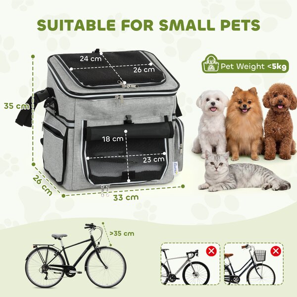 PawHut Cestino Bici per Cani Anteriore Portatile con Cintura di Sicurezza, Cuscino e Ciotola, 33x26x35 cm, Grigio Chiaro | Aosom Italy