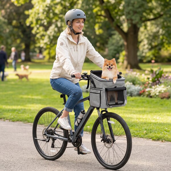 PawHut Cestino Bici per Cani Anteriore Portatile con Cintura di Sicurezza, Cuscino e Ciotola, 33x26x35 cm, Grigio Chiaro | Aosom Italy
