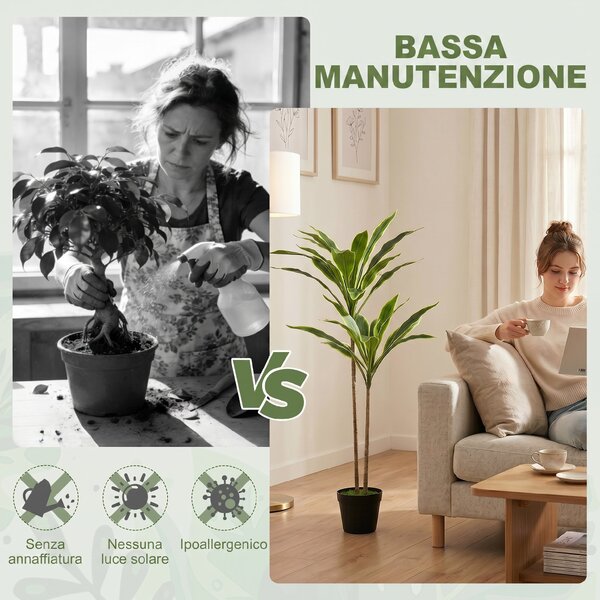 HOMCOM Pianta Finta di Cordilinea con 29 Foglie in PEVA, Rami Piegabili e Vaso Nero Riempito in Cemento Effetto Muschio, Verde | Aosom Italy