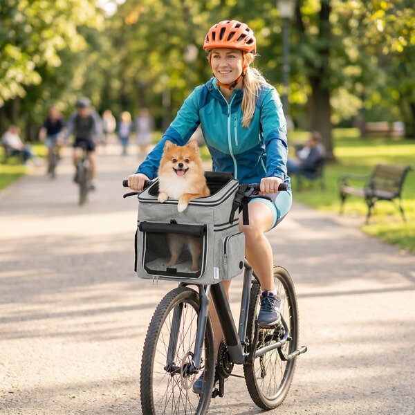 PawHut Cestino Bici per Cani Anteriore Portatile con Cintura di Sicurezza, Cuscino e Ciotola, 33x26x35 cm, Grigio Chiaro | Aosom Italy