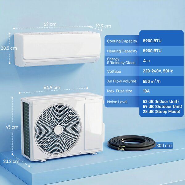 HOMCOM Climatizzatore Split con WiFi e kit di Installazione, 69x23,2x45 cm, Bianco | Aosom Italy