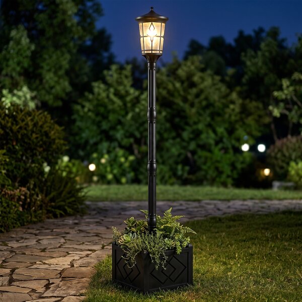 Outsunny Lampione Solare da Giardino con Vaso 2 Modalità di Luminosità Automatico, 41.5x41.5x202.5 cm, Nero | Aosom Italy