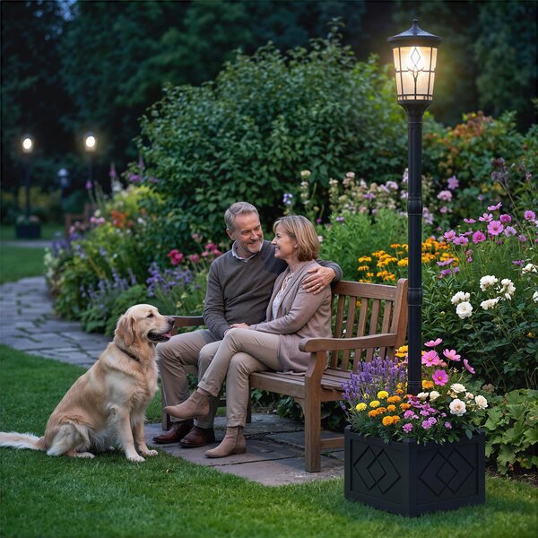Outsunny Lampione Solare da Giardino con Vaso 2 Modalità di Luminosità Automatico, 41.5x41.5x202.5 cm, Nero | Aosom Italy