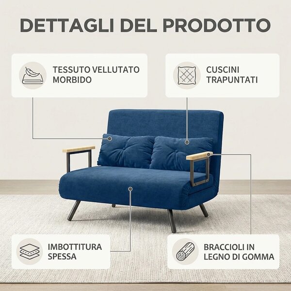 DecHome Divano Letto Clic-Clac 2 Posti Moderno in Velluto Dimensioni 102x73x81 cm colore Blu