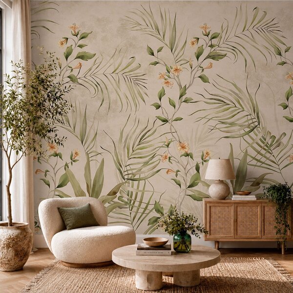 Carta da parati Foglie tropicali e fiori delicati su sfondo beige, Carta da parati Buffer, w05625 : Uwalls.it