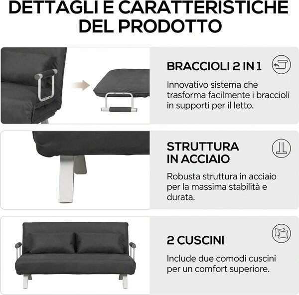 DecHome Divano Letto Clic-Clac 2 Posti Moderno in Tessuto scamosciato Dimensioni 111x80x78 cm colore Grigio Scuro