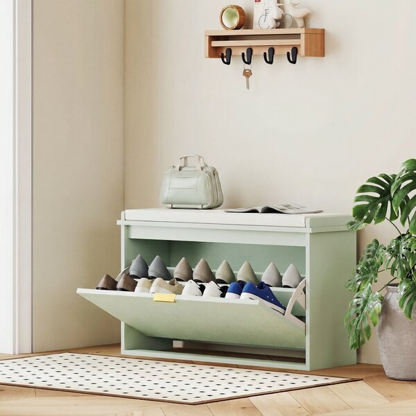 HOMCOM Panca Portascarpe con Cuscino Imbottito e Cassetto Ribaltabile per Corridoio e Camera, 80x26x47.5 cm, Verde | Aosom Italy