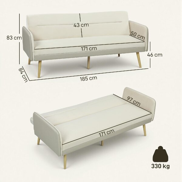 DecHome Divano Letto Clic Clac 3 Posti Stile Scandinavo in Tessuto Effetto Velluto 185x84x83 cm colore Beige