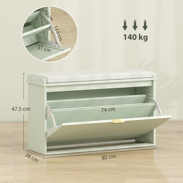 HOMCOM Panca Portascarpe con Cuscino Imbottito e Cassetto Ribaltabile per Corridoio e Camera, 80x26x47.5 cm, Verde | Aosom Italy