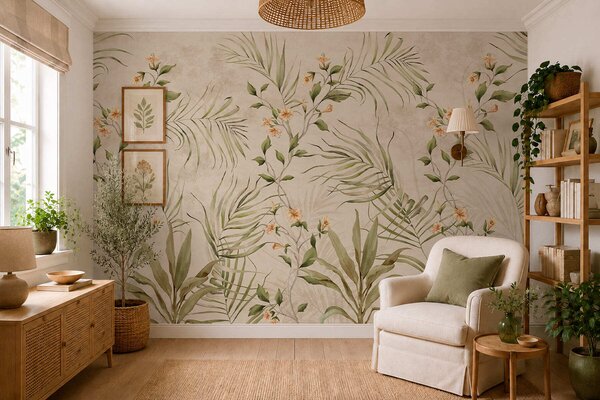 Carta da parati Foglie tropicali e fiori delicati su sfondo beige, Carta da parati Buffer, w05625 : Uwalls.it