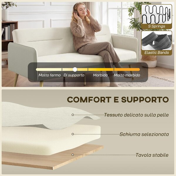 DecHome Divano Letto Clic Clac 3 Posti Stile Scandinavo in Tessuto Effetto Velluto 185x84x83 cm colore Beige