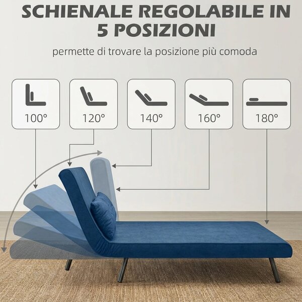 DecHome Divano Letto Clic-Clac 2 Posti Moderno in Velluto Dimensioni 102x73x81 cm colore Blu