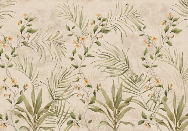 Carta da parati Foglie tropicali e fiori delicati su sfondo beige, Carta da parati Buffer, w05625 : Uwalls.it