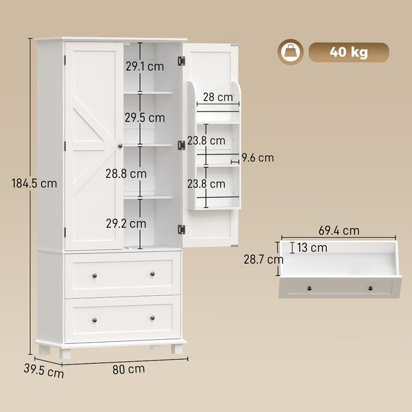 HOMCOM Armadio Alta da Cucina con 2 Porte, 2 Cassetti e Ripiani Regolabili, 80x39,5x184,5 cm, Bianco | Aosom Italy