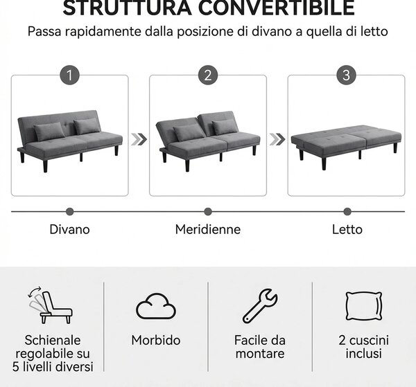 DecHome Divano Letto Clic-Clac 2 Posti Moderno in Tessuto scamosciato Dimensioni 111x80x78 cm colore Grigio Scuro