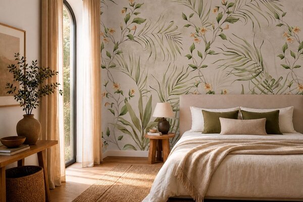 Carta da parati Foglie tropicali e fiori delicati su sfondo beige, Carta da parati Buffer, w05625 : Uwalls.it