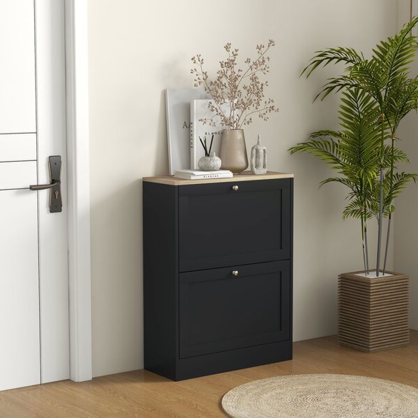 HOMCOM Mobile d'Ingresso per 12 Paia Scarpe, Scarpiera con 2 Cassetti Ribaltabili e Ripiani Regolabili, 60x23,5x80 cm, Nero | Aosom Italy