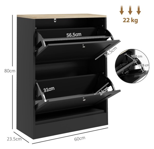 HOMCOM Mobile d'Ingresso per 12 Paia Scarpe, Scarpiera con 2 Cassetti Ribaltabili e Ripiani Regolabili, 60x23,5x80 cm, Nero | Aosom Italy