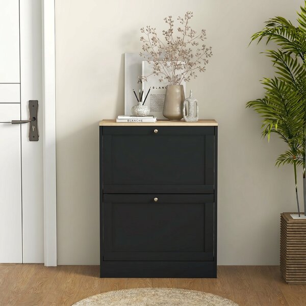 HOMCOM Mobile d'Ingresso per 12 Paia Scarpe, Scarpiera con 2 Cassetti Ribaltabili e Ripiani Regolabili, 60x23,5x80 cm, Nero | Aosom Italy
