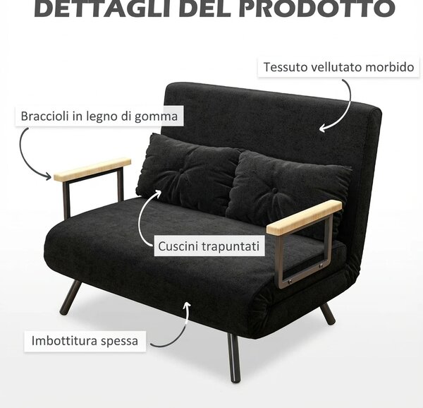 DecHome Divano Letto Clic-Clac 2 Posti Moderno in Velluto Dimensioni 102x73x81 cm colore Nero