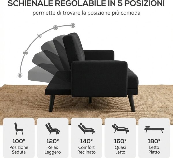 DecHome Divano Letto Clic-Clac 2 Posti Moderno in Velluto Dimensioni 102x73x81 cm colore Nero