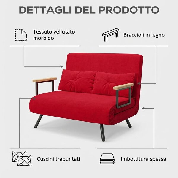 DecHome Divano Letto Clic-Clac 2 Posti Moderno in Velluto Dimensioni 102x73x81 cm colore Rosso