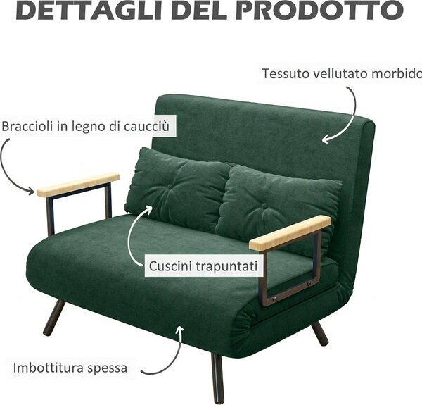 DecHome Divano Letto Clic-Clac 2 Posti Moderno in Velluto Dimensioni 102x73x81 cm colore Verde