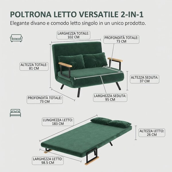 DecHome Divano Letto Clic-Clac 2 Posti Moderno in Velluto Dimensioni 102x73x81 cm colore Verde