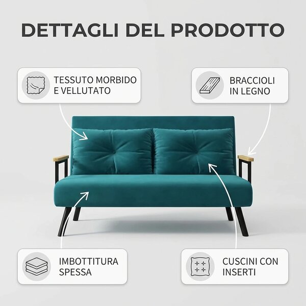 DecHome Divano Letto Clic-Clac 2 Posti Moderno in Velluto Dimensioni 102x73x81 cm colore Verde Acqua