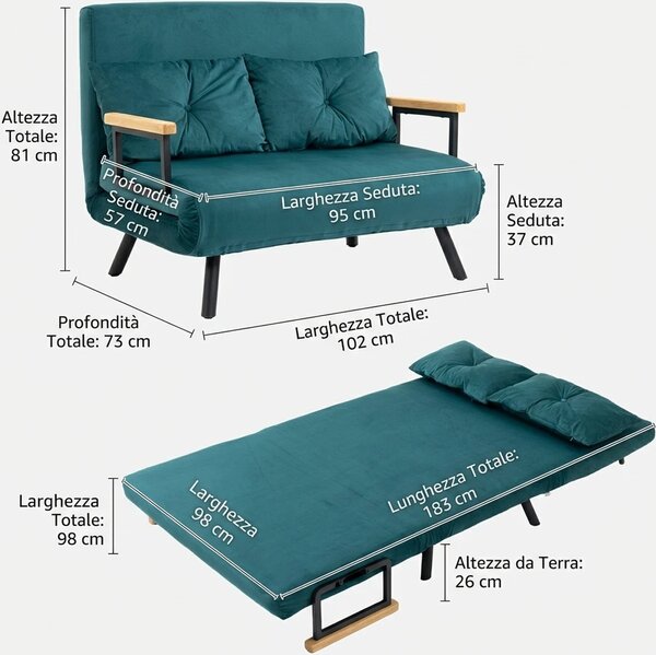 DecHome Divano Letto Clic-Clac 2 Posti Moderno in Velluto Dimensioni 102x73x81 cm colore Verde Acqua