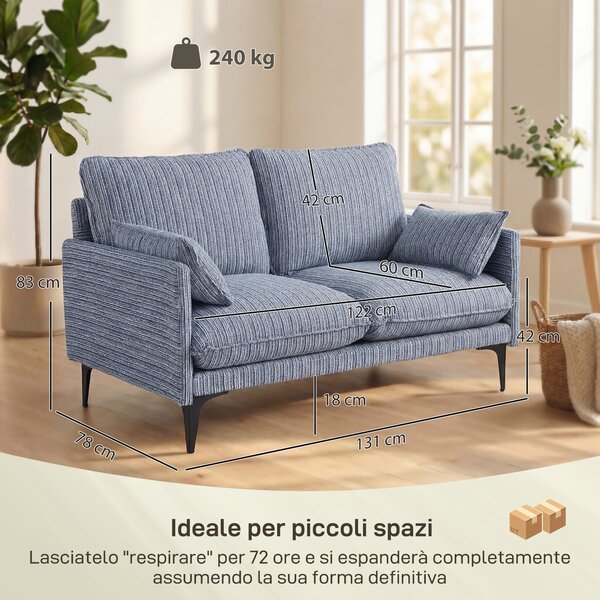 HOMCOM Divano 2 Posti in Lino Traspirante con Imbottitura Spessa, 2 Cuscini, Braccioli, per Soggiorno, Salotto, Blu | Aosom Italy
