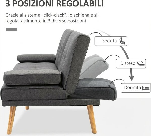 DecHome Divano Letto Clic-Clac 3 Posti Scandinavo in Tessuto effetto Lino Dimensioni 181x77x78 cm colore Grigio