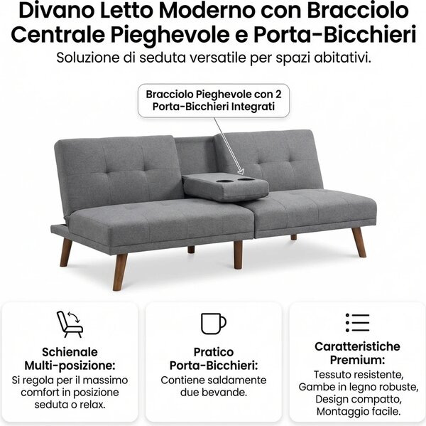 DecHome Divano Letto Clic-Clac 3 Posti Scandinavo in Tessuto effetto Lino Dimensioni 181x77x78 cm colore Grigio