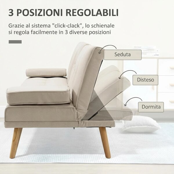 DecHome Divano Letto Clic-Clac 3 Posti Scandinavo in Tessuto effetto Lino Dimensioni 181x77x78 cm colore Beige