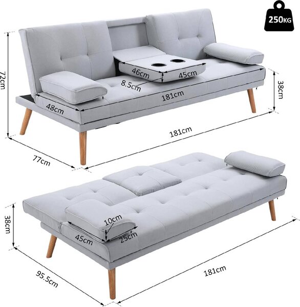 DecHome Divano Letto Clic-Clac 3 Posti Scandinavo in Tessuto effetto Lino Dimensioni 181x77x78 cm colore Grigio Chiaro