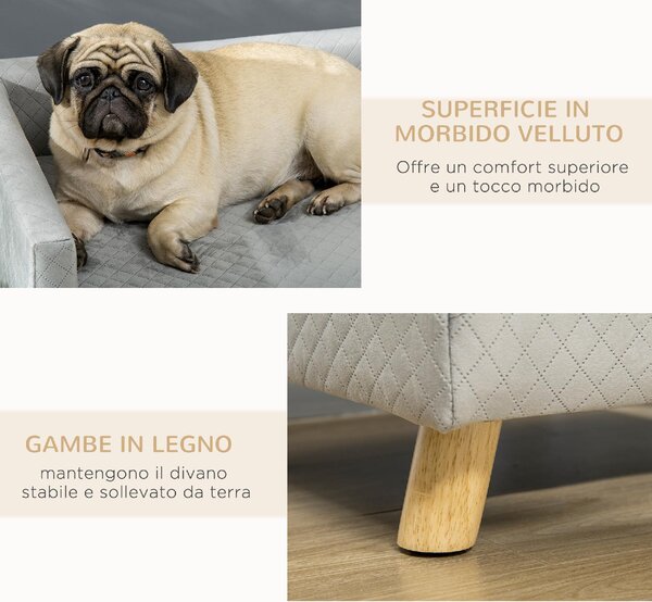 AllMyPets Divano per Cani e Gatti Stile Scandinavo con Cuscino Imbottito in Velluto e Legno 64x45x36 cm colore Grigio - CGA556F