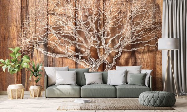 Carta da parati – Albero su Sfondo di Legno