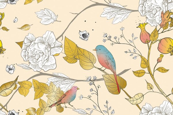Carta da parati – Uccellini vintage sui rami