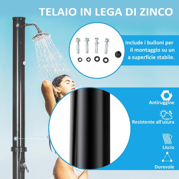 VivaGarden Doccia Solare da 20L con Rubinetto Inferiore e Temperatura Regolabile in Lega di Zinco 15.5x15.5x222 cm colore Nero