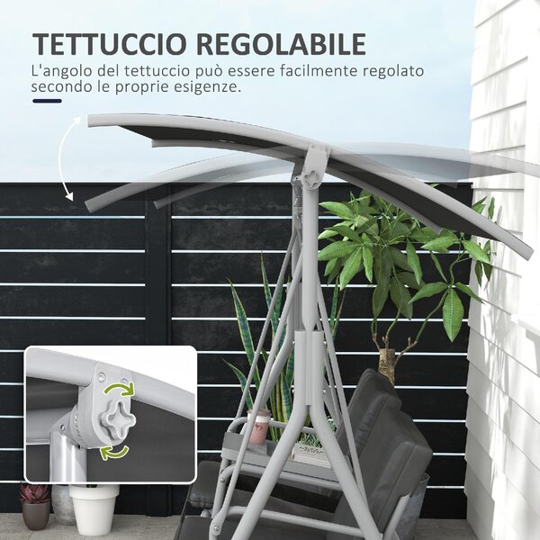 VivaGarden Dondolo da Giardino 2 Posti con Tettuccio Parasole e Tavolino in Metallo/Poliestere Dimensioni 175x112x158 cm colore Grigio