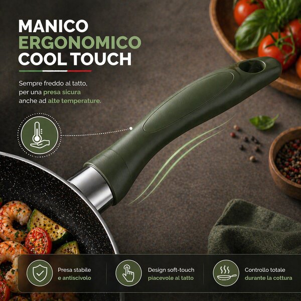 Set 3 Padelle da 20-24-28 cm Natura Più con Manico Cool Touch Fondo Antiaderente Verde