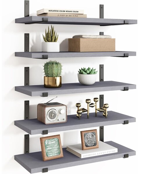 Set 5 Mensole da Parete 40x12x1,5 cm Scaffali da Muro con Staffe in Metallo Grigio