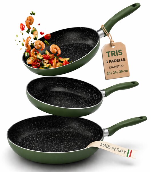 Set 3 Padelle da 20-24-28 cm Natura Più con Manico Cool Touch Fondo Antiaderente Verde