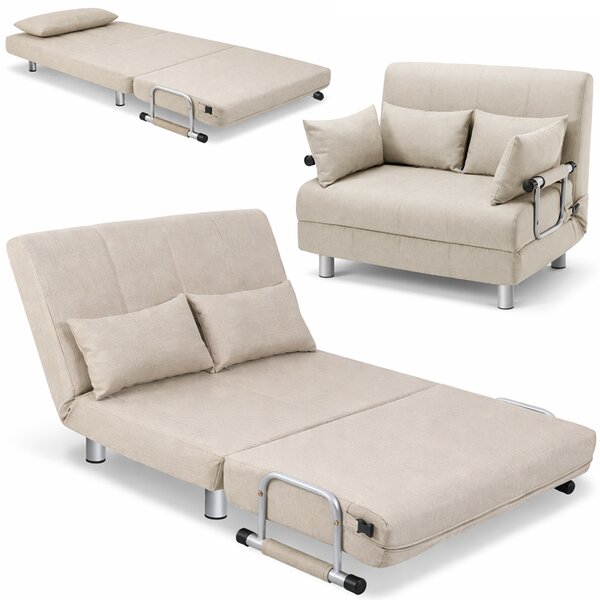 Divano Letto 2 Posti Letto 1 Piazza ½ 102x82x78 cm Reclinabile 5 Posizioni in Tessuto Crema