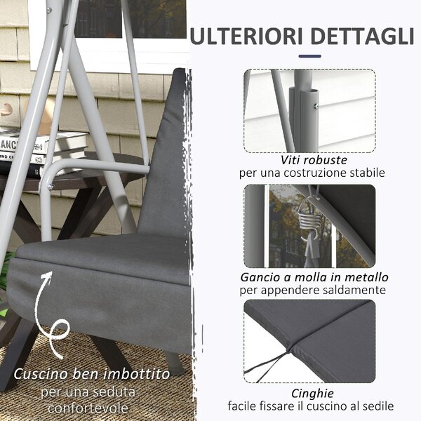 VivaGarden Dondolo da Giardino 2 Posti con Tettuccio Parasole e Tavolino in Metallo/Poliestere Dimensioni 175x112x158 cm colore Grigio