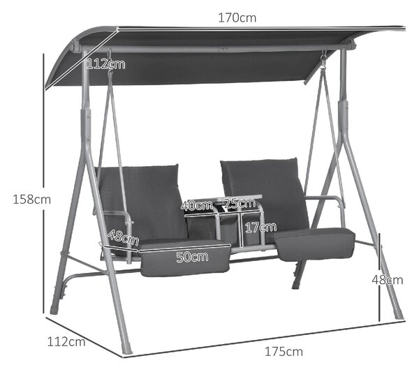 VivaGarden Dondolo da Giardino 2 Posti con Tettuccio Parasole e Tavolino in Metallo/Poliestere Dimensioni 175x112x158 cm colore Grigio