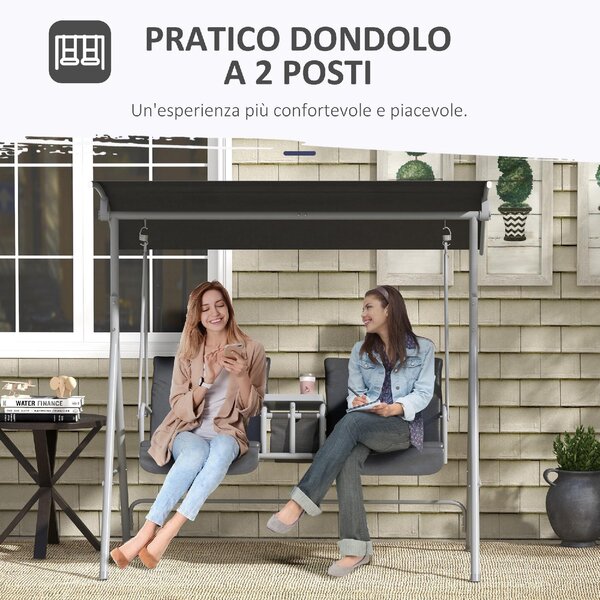 VivaGarden Dondolo da Giardino 2 Posti con Tettuccio Parasole e Tavolino in Metallo/Poliestere Dimensioni 175x112x158 cm colore Grigio