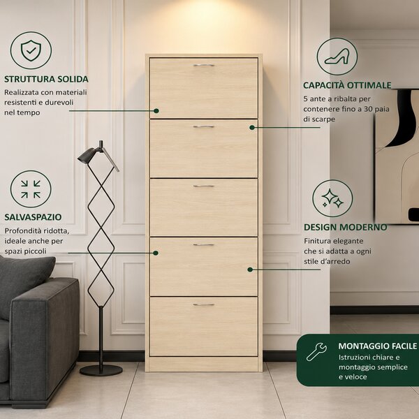 Scarpiera 5 Ripiani 63x24x170 cm con Maniglia Porta Scarpe Salvaspazio Olmo